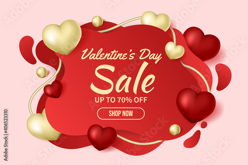 Valentine's day sale 70% off poster or banner. Valentine's day sale background with abstract shapes. Red background with realistic 3D red and gold hearts.