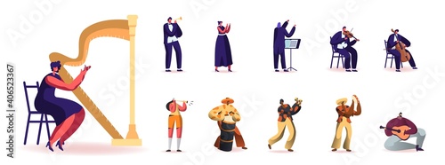 Set of People Playing Different Musical Instruments. Male and Female Characters with Harp, Trumpet and Flute, Maracas