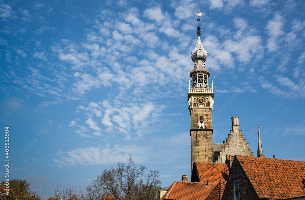 Spire of Veere Courthouse in vintage historic town in Netherlands