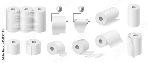 Set of white toilet paper and kitchen towels tubes mockup isolated on white background