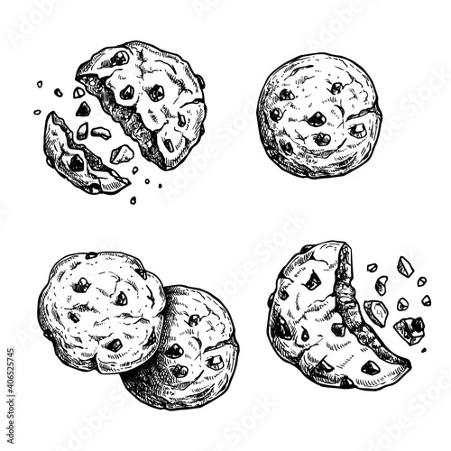 Hand drawn sketch style chocolate chip cookies set. Single whole and crumbled biscuits. Vintage retro ink style vector illustrations. Best for package and menu design. Isolated on white background.