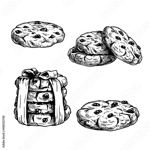 Hand drawn sketch style chocolate chip cookies set. Single and in the stack. Vintage retro ink style vector illustrations. Best for package and menu design. Isolated on white background.
