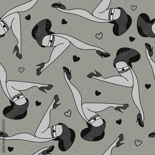 Vector fashion doodle pattern. Hand drawing texture with cartoon retro girls and hearts. photo