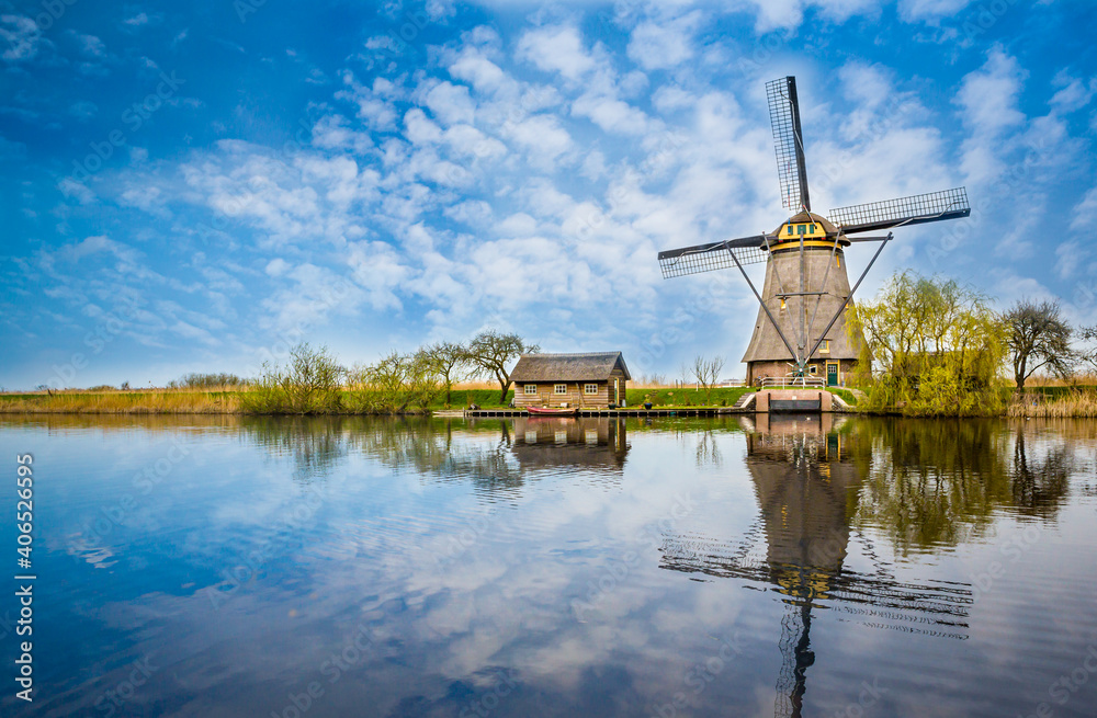 Windmill reflections at Kinderdijk in Holland, Netherlands