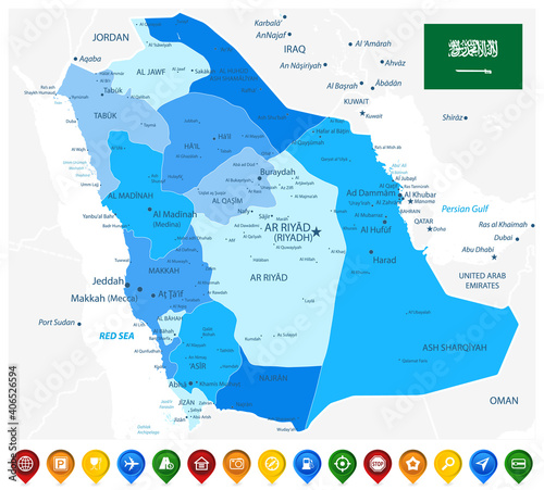 Saudi Arabia Map Administrative Divisions Blue Colors and Colored Map Icons