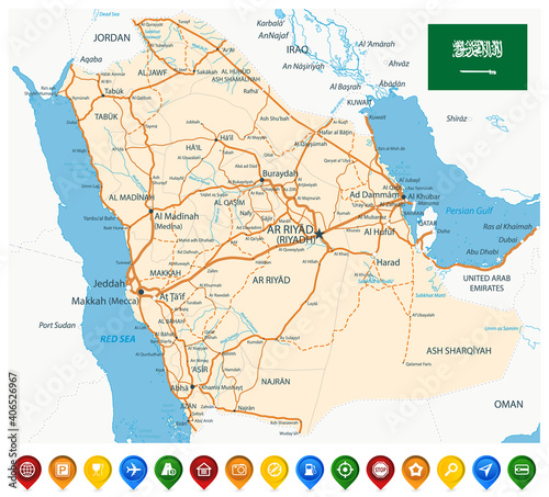 Saudi Arabia Road Map and Colored Map Icons