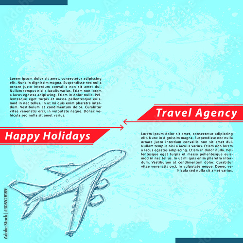 Vector EPS, Travel Agency and Happy Holiday theme background. Hand drawn illustrations of planes on grunge background. All elements are grouped and layered separately. 