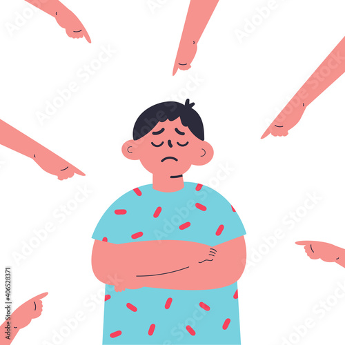 Bullying among teenagers.Sad boy with arms crossed. Conflicts between kids, violence at school. Flat cartoon character isolated on white background. Colorful vector illustration.