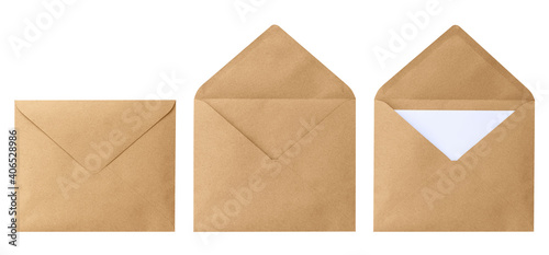 Brown envelope front with card inside isolated on white background. Letter top view. Object with clipping path