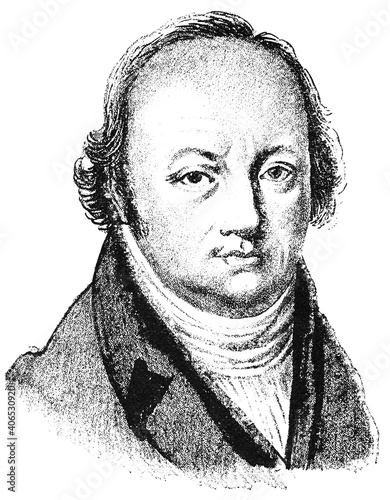 Portrait of Franz Joseph Gall - a German neuroanatomist, physiologist, pioneer in the study of the localization of mental functions in the brain. Illustration of the 19th century. White background.