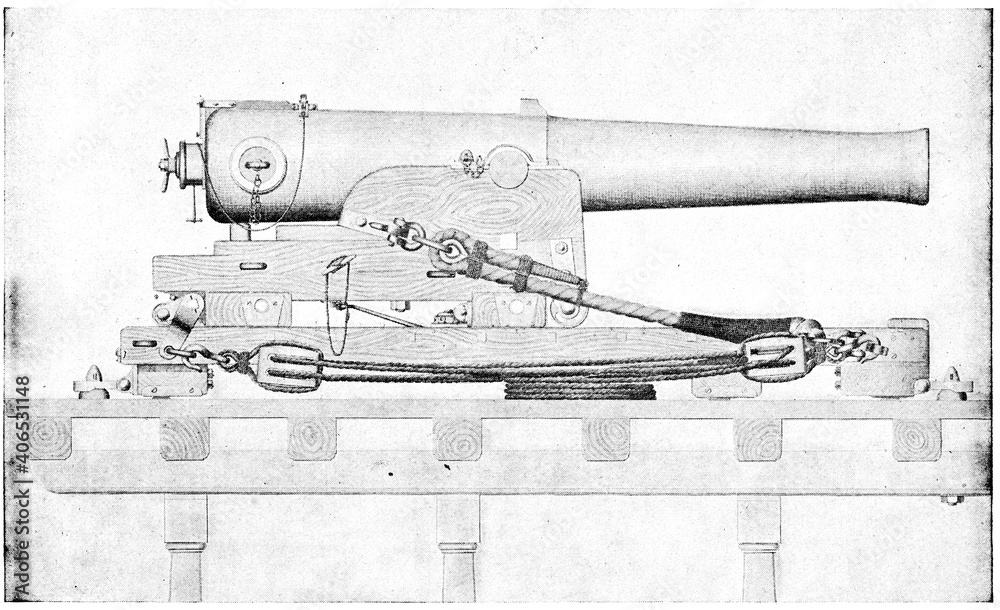 Naval cannon. Illustration of the 19th century. Germany. White