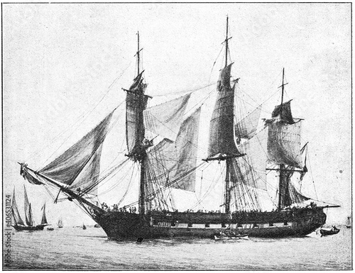 La Victorieuse (1804) - a 22-gun corvette of the French Navy. Illustration of the 19th century. Germany. White background.