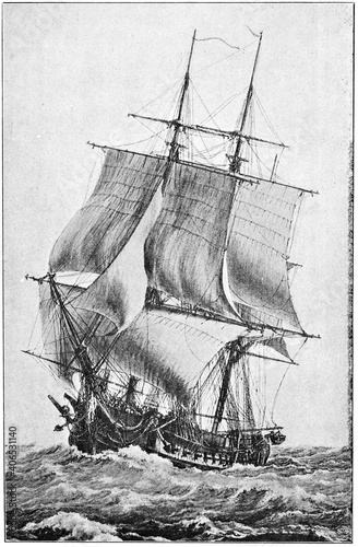 La Pomone (1806) - a 40-gun Hortense-class frigate of the French Navy. Illustration of the 19th century. Germany. White background.