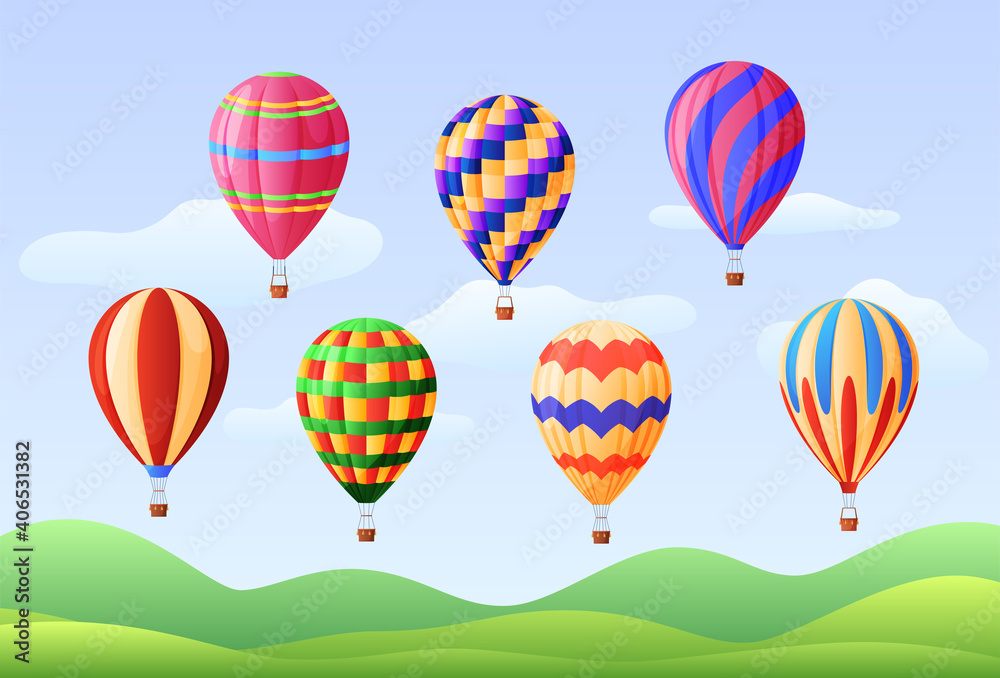 Set of hot air balloons, different colors. Aeronautics. Vector illustration