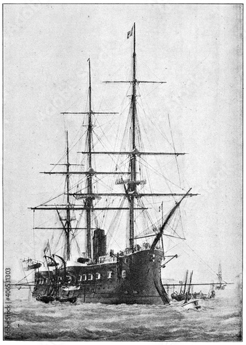 Richelieu (1868) - a wooden-hulled central battery ironclad built for the French Navy. Illustration of the 19th century. Germany. White background. photo