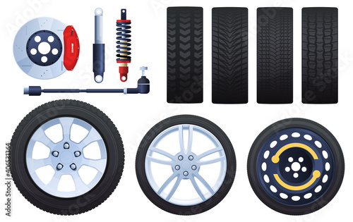 Set of wheels, brakes, shock absorbers, tires. Different protectors. Isolated on a white background. Vector illustration