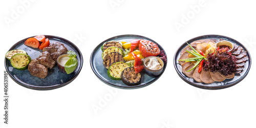 Three dishes: two types of salad and baked potatoes in sauce on a white isolated background. The concept of restaurant service. Business lunch.