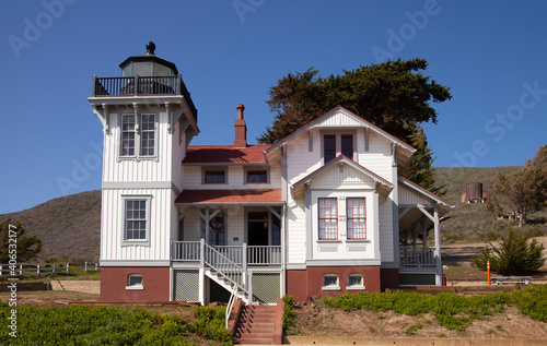 Front of Victorian Lighthouse on the central coast of California. San Luis Lighthouse, Port San Luis, Avila Beach