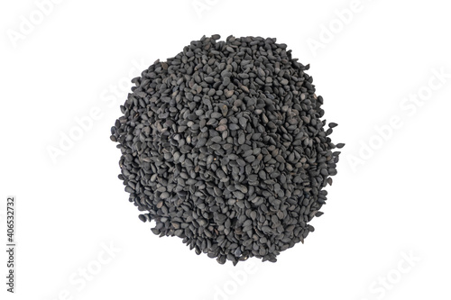Black Sesame seeds heap isolated on white background. Spices and food ingredients.