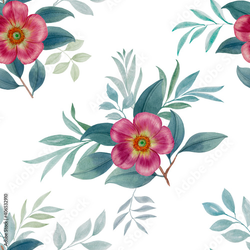 Seamless floral pattern. Delicate pattern of flowers and leaves painted in watercolor. Seamless ornament for botanical design.