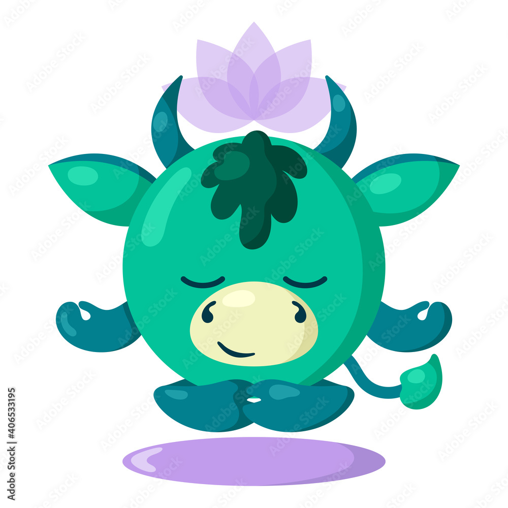 Funny cute kawaii meditating bull or cow with lotus flower over head and round body in flat design with shadows. Isolated meditation animal vector illustration Funny cute kawaii meditating bull or cow with lotus flower over head and round body in flat design with shadows. Isolated meditation animal vector illustration