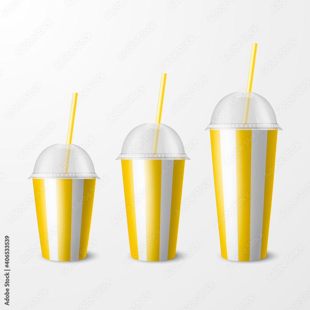 Vector 3d Realistic Yellow Striped Paper Disposable Cup Set, Lid, Straw. Beverage, Drinks, Coffee, Soda, Tea, Cocktail, Milkshake. Design Template of Packaging for Mockup. Front View, Isolated Vector 3d Realistic Yellow Striped Paper Disposable Cup Set, Lid, Straw. Beverage, Drinks, Coffee, Soda, Tea, Cocktail, Milkshake. Design Template of Packaging for Mockup. Front View, Isolated