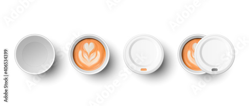 Vector 3d Realistic Paper White Disposable Empty and with Milk Coffee Cup with Lid Set Isolated. Latte, Capuccino. Foam, Flower, Heart Pattern. Stock Vector Illustration. Design Template. Top View