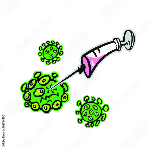 hypodermic syringe and coronavirus original simple hand drawing converted to vector and colored 