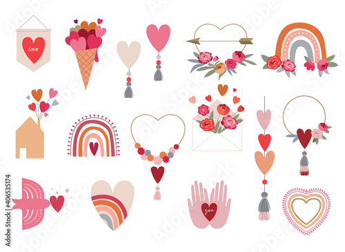Valentine's day collection of illustrations. Set of modern flat love icons and symbols, hearts, rainbows, decorations 