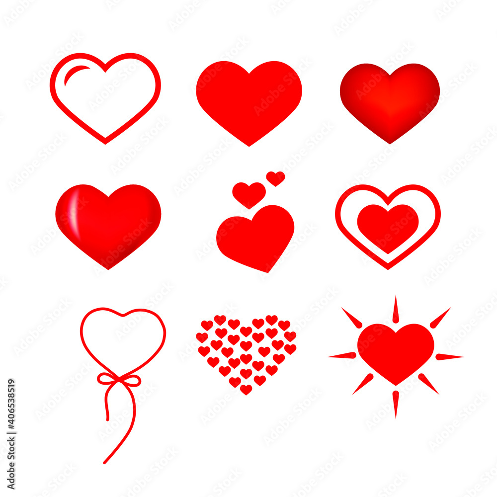 set of red vector hearts isolated on white background