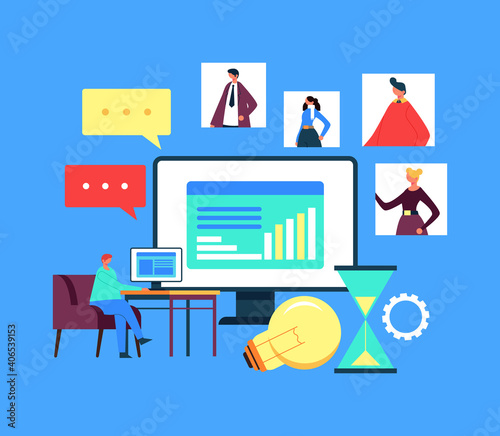 Boss coach mentor talking online internet web business conference. Business web learning tutorial concept. Vector flat graphic design illustration