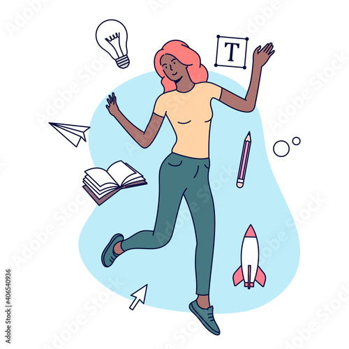 Creative Professions concept. Female  designer, illustrator or freelance worker immersed in the creative process. Flat vector illustration.