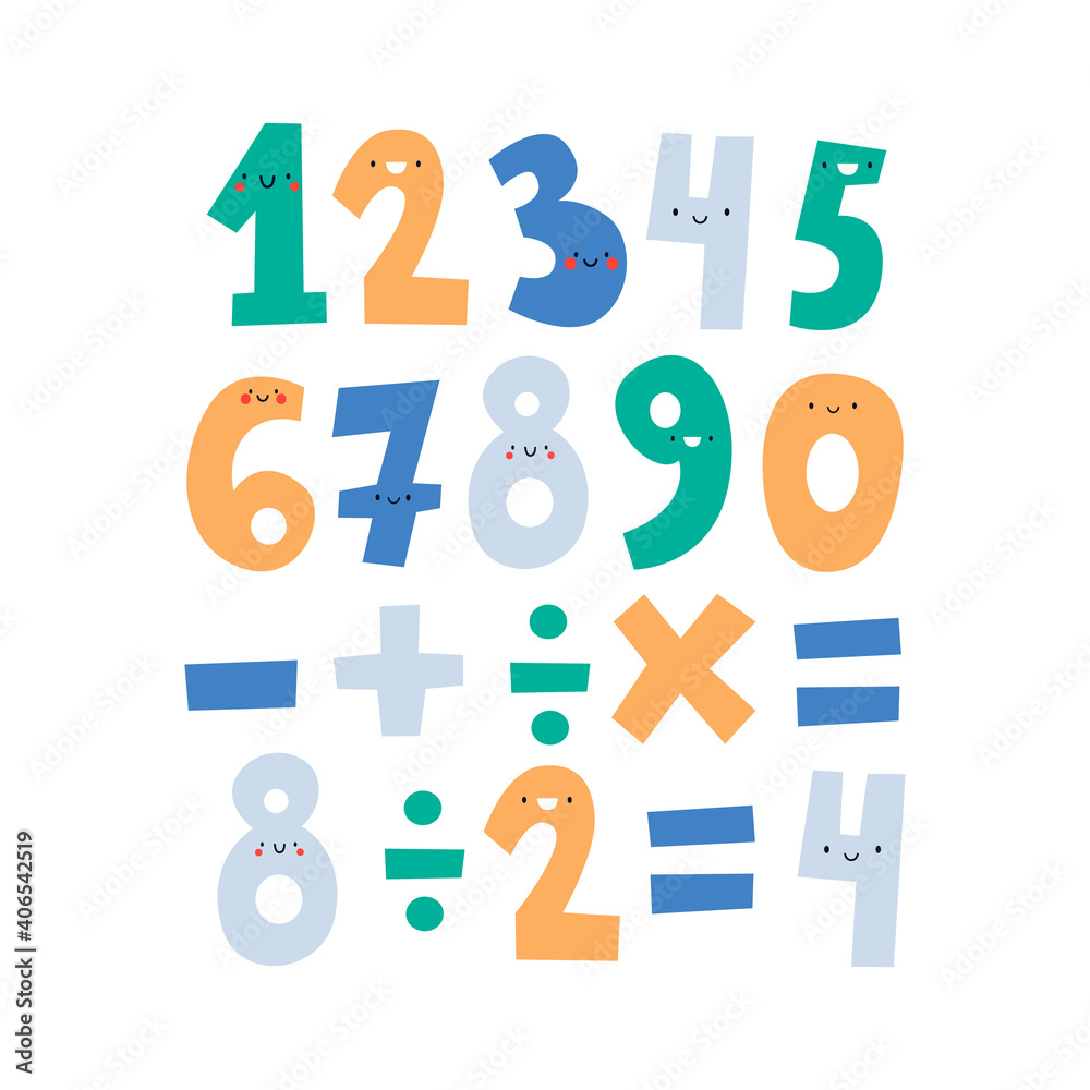 Cute funny numbers for kids. Adorable math characters. Vector illustration.