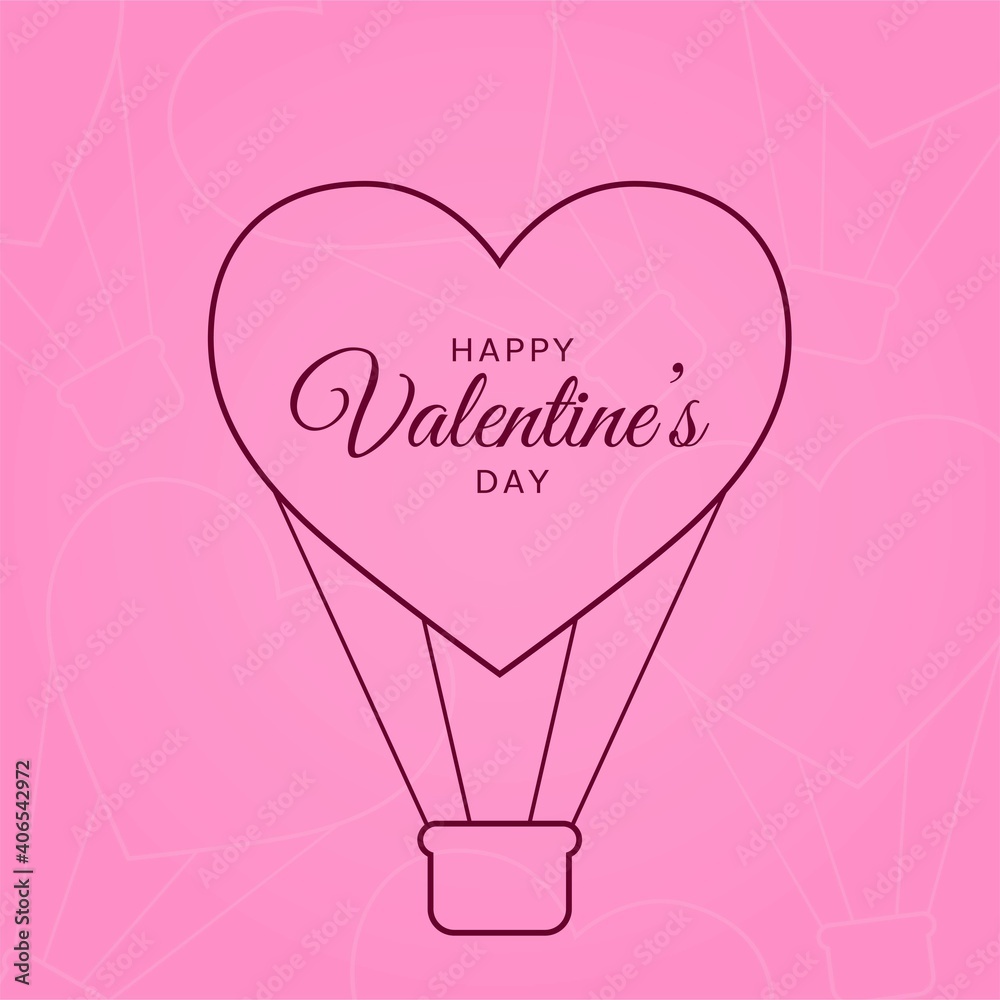 happy valentines day. valentines greeting card with heart air balloon on pink background
