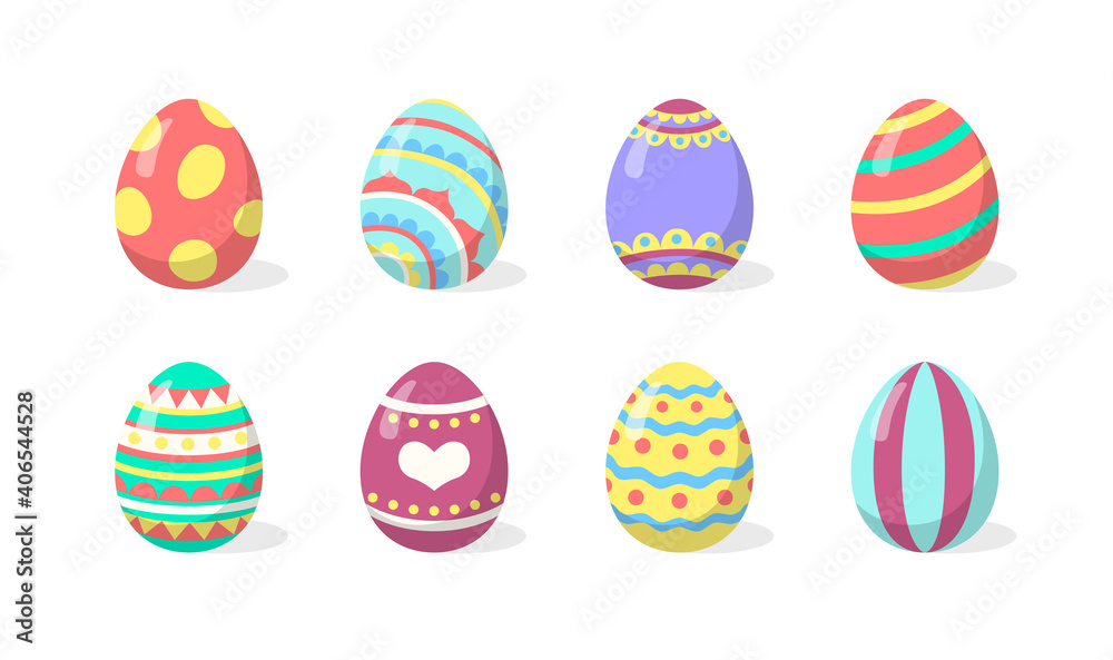 Colored cartoon easter eggs with funny patterns. Spring holiday set for decoration. Isolated vector icons on white background