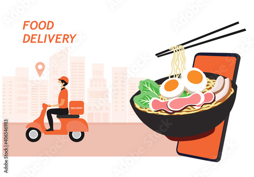 Food online ordering and delivery concept. Delivery man riding bike to delivery food to customer vector illustration vector illustration. Food app service concept