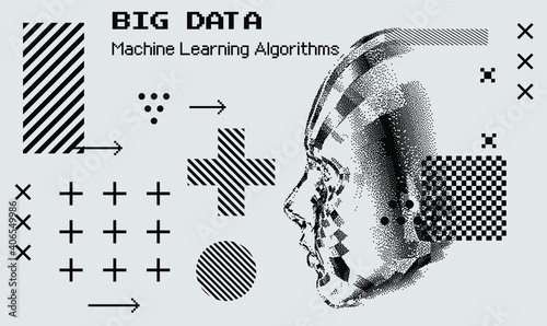 Abstract technology background with 3d face mask made of particles. Conceptual illustration of Artificial intelligence.