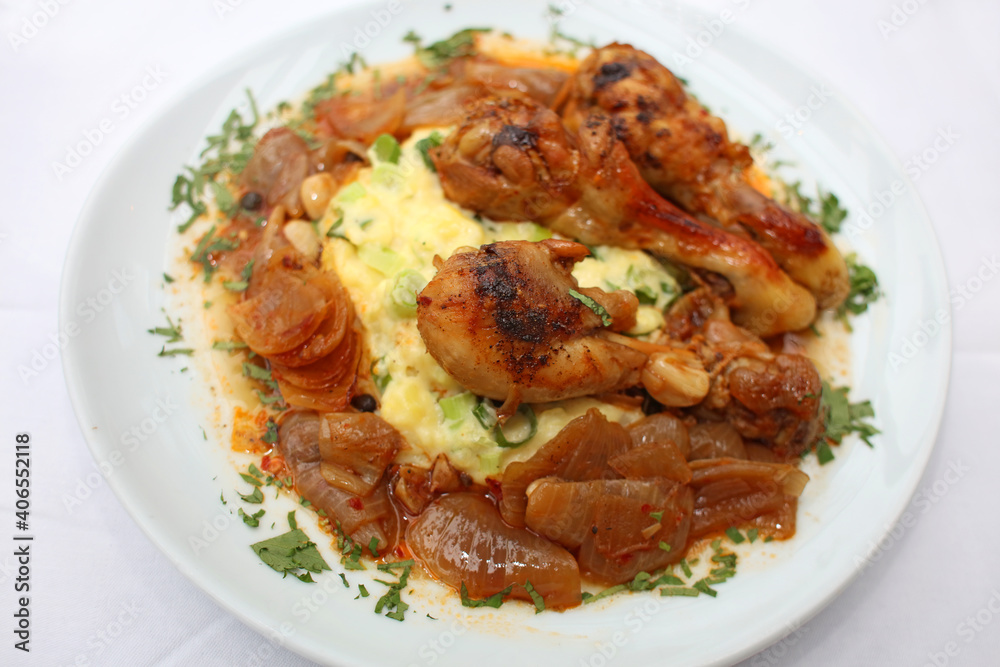 Chicken legs close up braised with butcher's onions served with mashed herb potatoes greek cuisine modern high quality prints