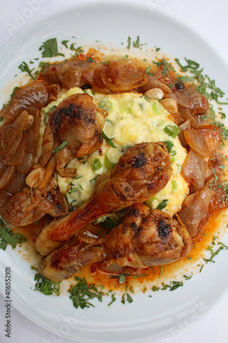Chicken legs close up braised with butcher's onions served with mashed herb potatoes greek cuisine modern high quality prints
