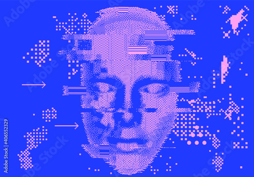 Abstract technology background with 3d face mask made of particles. Conceptual illustration of Artificial intelligence.