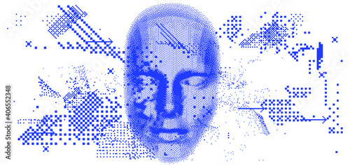 Abstract technology background with 3d face mask made of particles. Conceptual illustration of Artificial intelligence.