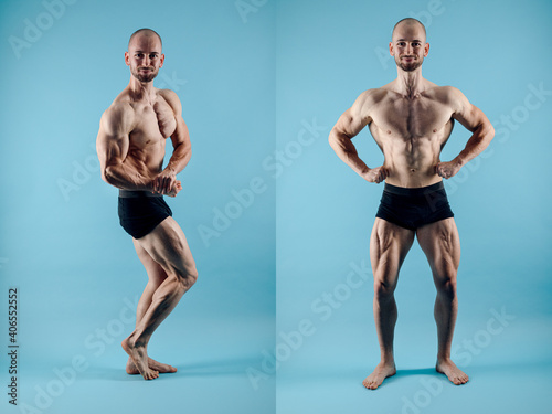 bodybuilder poses in 2 different postures from side and front in full length with visible muscles and tendons while smiling happily and confident about his athletic body
