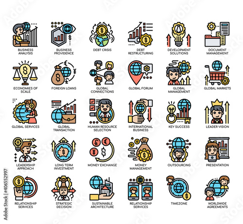 Set of Global Business thin line and pixel perfect icons for any web and app project.