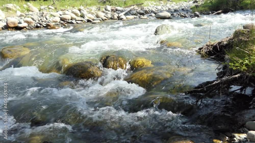 Ecology. Water. Pure natural water formed by the melting of the glacier runs in a transparent stream between the stones in the sunlight. Siberia, Altai. Ecology. Water. Pure natural water formed by the melting of the glacier runs in a transparent stream between the stones in the sunlight. Siberia, Altai.