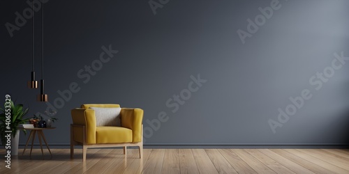 Fototapeta Naklejka Na Ścianę i Meble -  The interior has a yellow armchair on empty dark wall background.