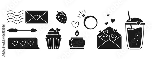 Valentine black glyph icon set. Minimal sign, Happy Valentines Day symbol strawberry and cupcake letter, arrow message, confession and candle. Hand drawn love doodles. Flat Design Vector Illustration