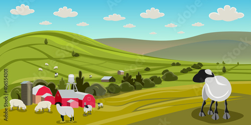 Mountain landscapes that comprise farmer's villages, including goats and sheep.