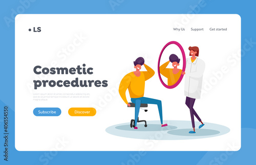 Loss Problem Landing Page Template. Satisfied Patient Look in Mirror after Hair Transplantation. Plastic Surgery