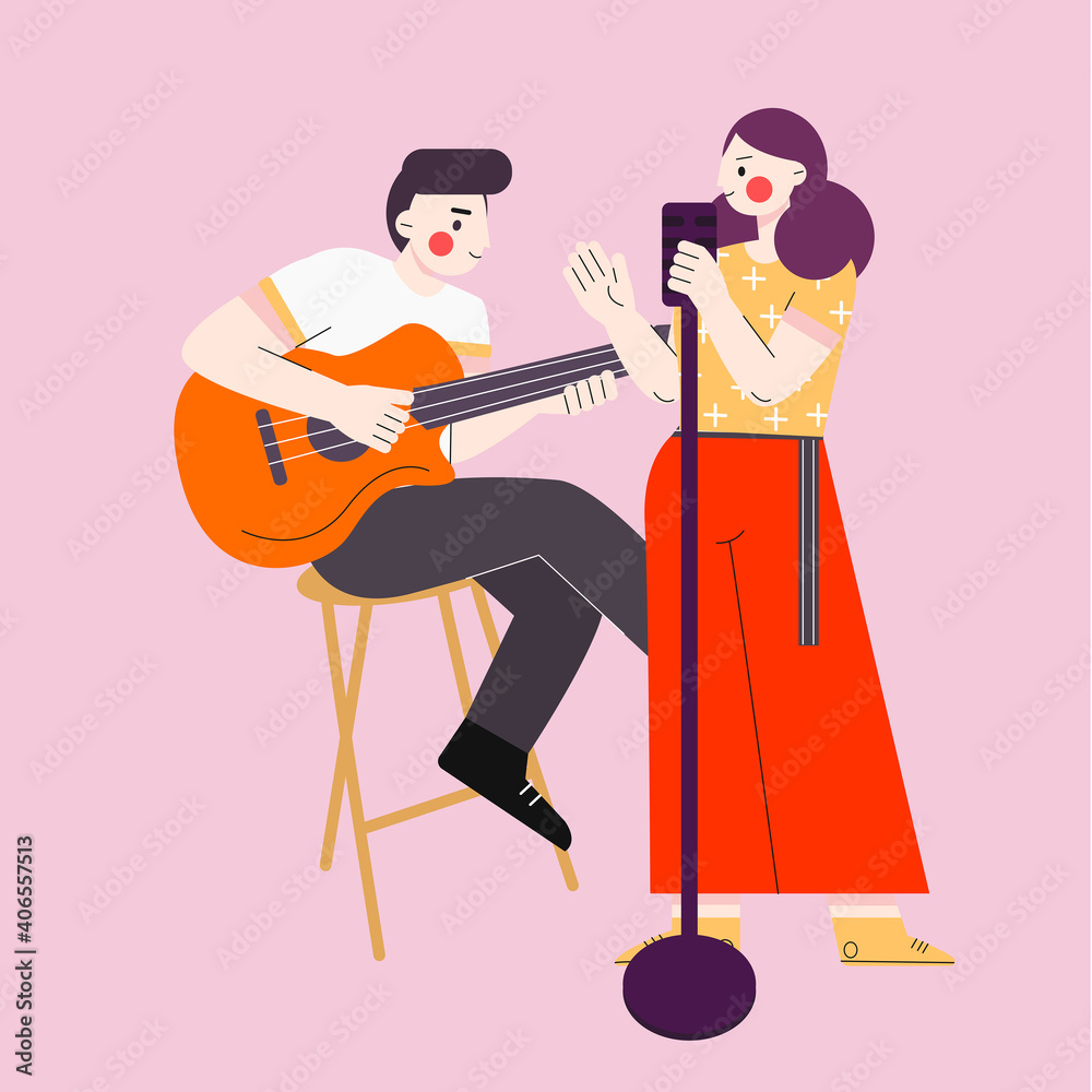 illustration of a boy playing guitar and a girl singing