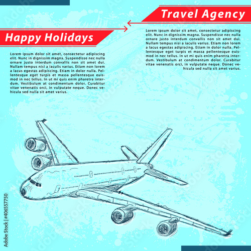 Vector EPS, Travel Agency and Happy Holiday theme background. Hand drawn illustrations of planes on grunge background. All elements are grouped and layered separately. 